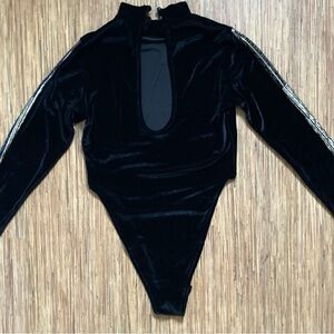 Black Velvet Long Sleeve Bodysuit with Gold Stripe